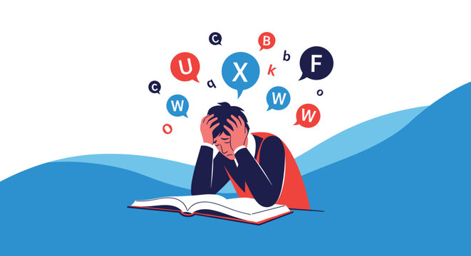 Distressed student holding head in frustration while reading book with floating letters in colorful bubbles.
