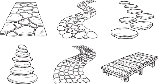 Set of garden path and walkway elements with stone paving, wooden bridge, and stacked zen rocks vector