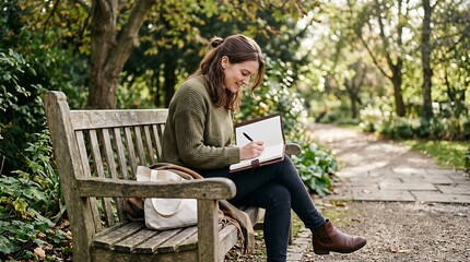 Fototapeta premium Smiling woman writing in a notebook on a wooden park bench