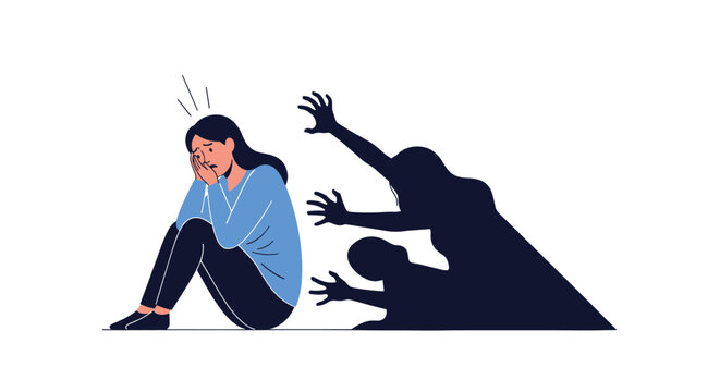 Depressed woman sitting on the floor with dark shadow hands reaching out to grab her from behind in vector.