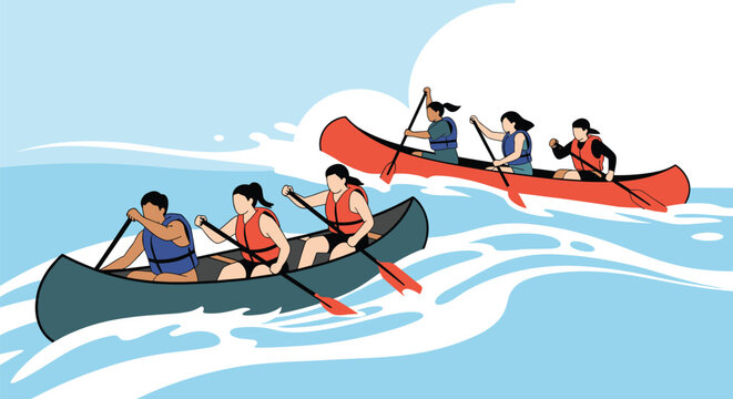 Two teams of professional rowers competing in high speed red and green canoes on splashing blue sea water.