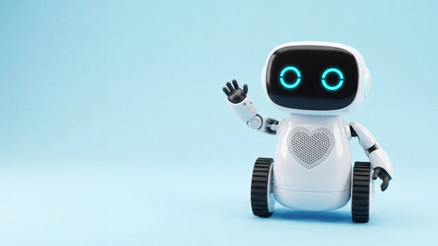 Cute Robot Waving Hello: A charming, compact robot with glowing blue eyes and a heart emblem on its chest waves a friendly greeting against a clean, light blue background.