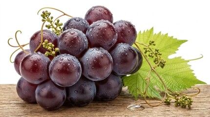 ripe red grapes with leaves on rustic wooden table © Germano Andrade