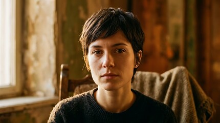 Obraz premium Portrait of a serious young woman with short hair sitting indoors