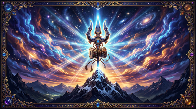 Mythic trident and damaru drum atop a mountain peak dramatic celestial illustration
