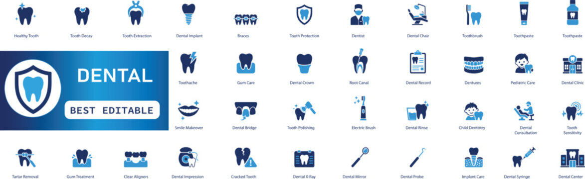 Dental solid icons, dentist clinic, oral healthcare, tooth extraction, braces, dental implant, gum care, and mouth hygiene vector set.