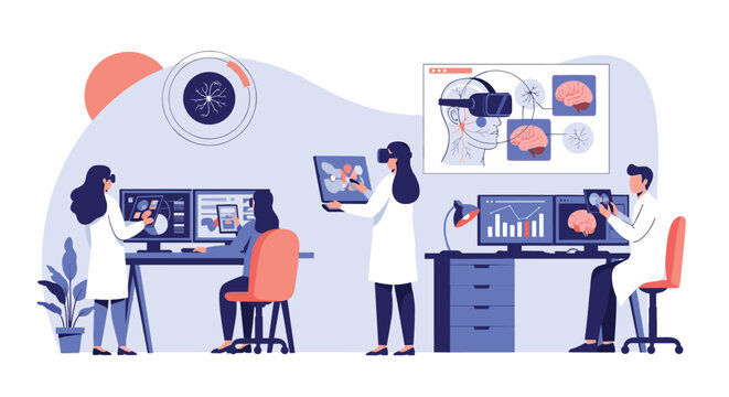 Scientific researchers analyzing brain neural activity using virtual reality headsets and advanced technology in lab.