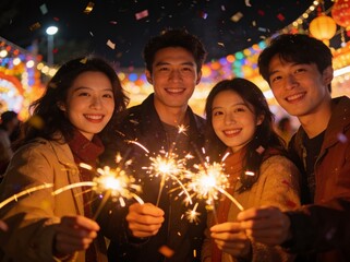 Fototapeta premium Young friends holding sparklers under lanterns at night festival