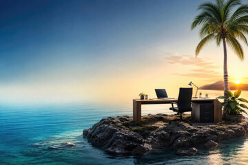 Fototapeta premium Office desk stands on a small tropical island. Space for text.