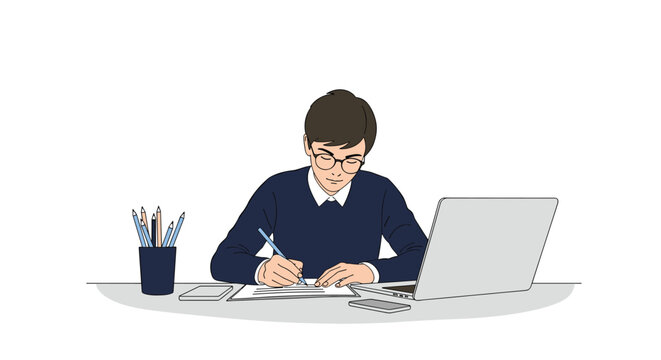 Young male student with glasses writing on document at his desk with a laptop and pencil holder in a simple flat style.
