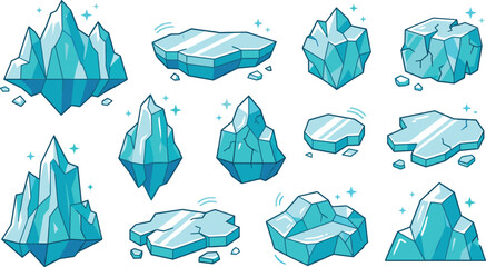 Floating icebergs and flat ice floes vector illustration set with frozen blocks, crystalline glaciers, and arctic elements isolated on white background © Mdjony
