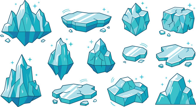 Floating icebergs and flat ice floes vector illustration set with frozen blocks, crystalline glaciers, and arctic elements isolated on white background