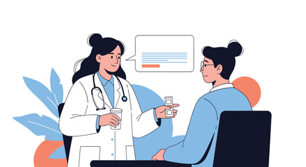 Obraz premium Professional female medical doctor wearing white coat explaining prescription pills details to patient in clinic.