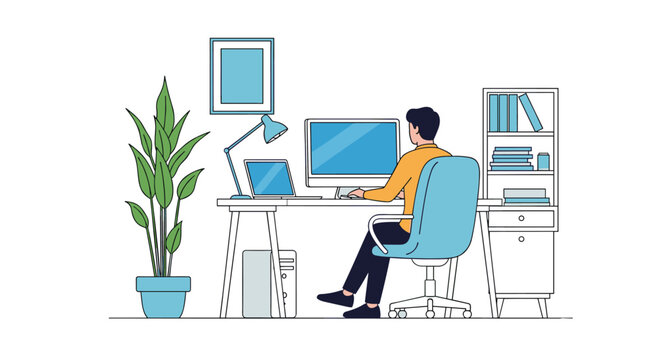 Freelancer or developer working at a clean minimalist desk with a desktop computer laptop bookshelf and houseplant.