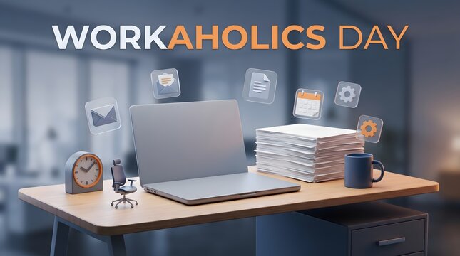 Workaholic desk, office workspace, laptop and papers, Workaholics Day