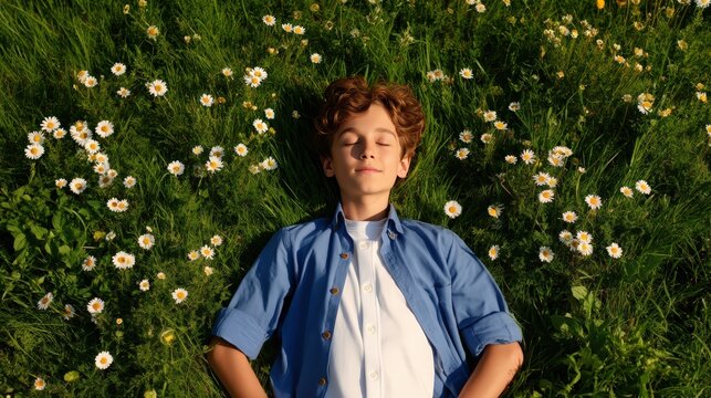 A boy with curly hair lies peacefully on grass surrounded by white daisies under sunlight, eyes closed, enjoying nature and relaxation outdoors.