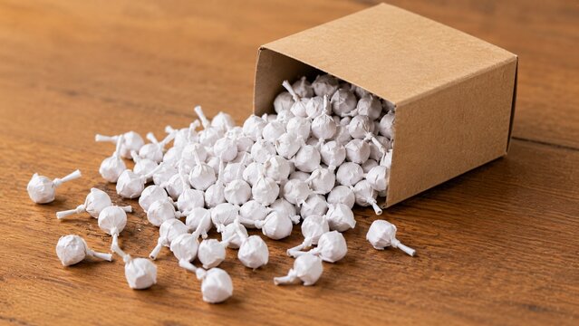 Blank kraft paper box spilling dozens of small white snap pop throw fireworks on a surface
