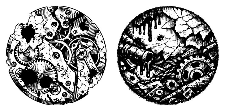 Steampunk Gears and Industrial Machinery in Circular Frame, Hand Drawn Engraving Style Clockwork and Rusty Mechanisms Illustration