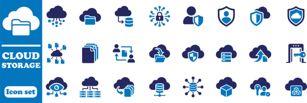 Cloud storage icon set for secure data management and backup solutions