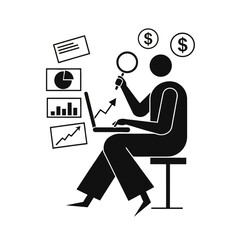 Fototapeta premium Analyst uses a magnifying glass to examine digital financial charts on a laptop screen for insight.