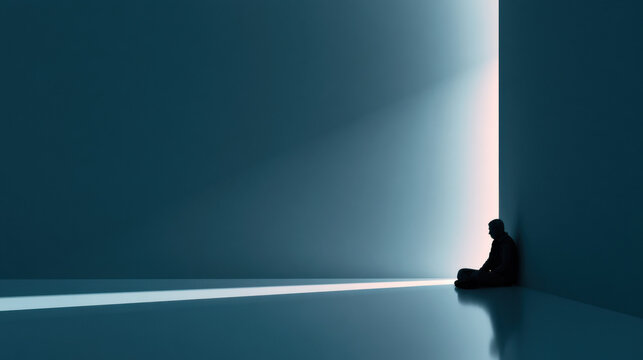 A person is seated against a wall in a dark space. Light shines from the corner, creating a bright line on the floor. The scene is quiet and still, with shadows around