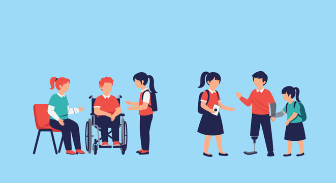 Group of inclusive children playing together, featuring kids with prosthetic legs, wheel chairs, and arm casts.