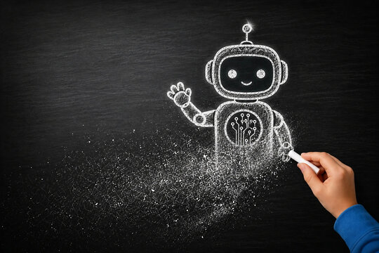Child Drawing Friendly AI Robot from Chalk Dust on Blackboard Education Innovation Concept