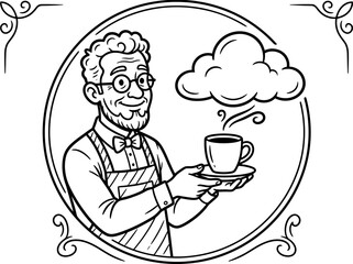 Fototapeta premium Smiling Barista Serving Hot Coffee Cup with Steam and Cloud Design