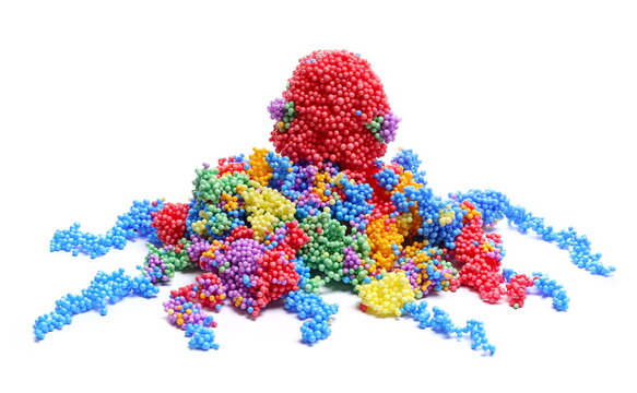Colorful sticky styrofoam balls, toy modelling foam in shape octopus, soft and lightweight, isolated on white background
