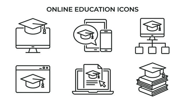 Online education icons set with computer, book and graduation cap Vector