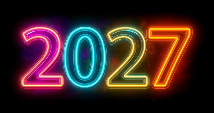 Bright neon illuminate digits 2027 new year design with neon glow. Abstract cosmic vibrant color backdrop. Glowing neon Congratulation Happy New Year 2027. Futuristic style loop new year animation