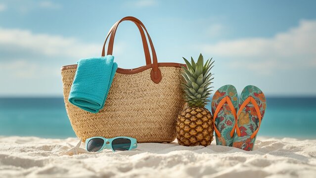 Summer beach vacation essentials including straw bag, pineapple, flip flops, and sunglasses resting on tropical white sand.