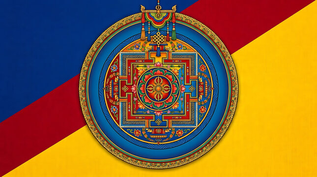 A colorful tibetan festival themed circular mandala with intricate details and a patterned background