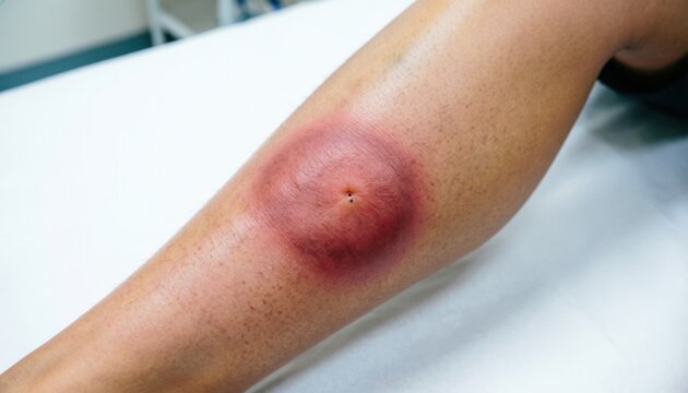Close-up view of swollen red circular bug bite on human leg skin showing central puncture mark, severe erythema, and localized inflammation resting on white medical examination table.