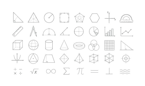 Collection of thin outline geometry icons and mathematical symbols