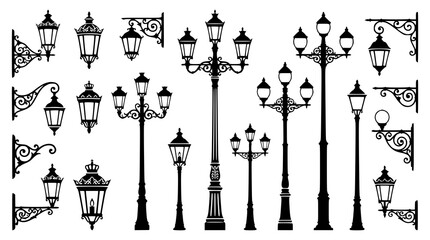Ornate Street Lamp and Lantern Silhouette Collection with Decorative Lamp Posts and Vintage Lighting Elements © Shohel