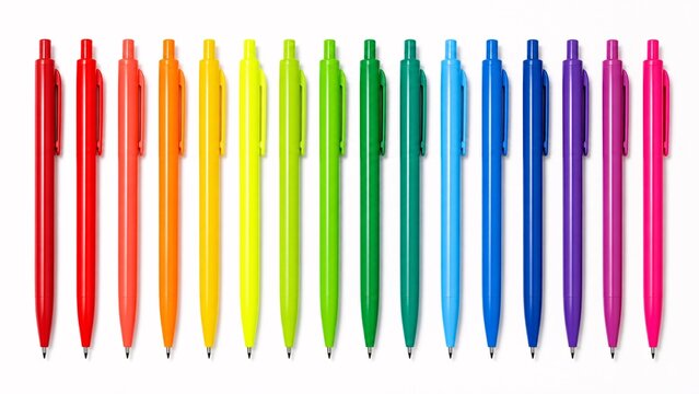 Seamless flat lay pattern of blank unbranded brightly colored plastic ballpoint pens in a row