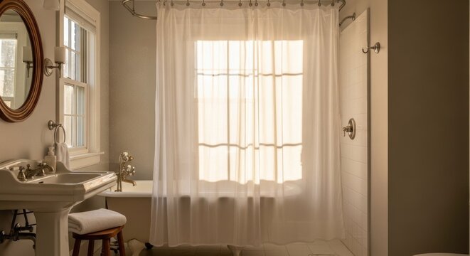 Bright morning light streams through sheer curtain covering a window in a traditionally styled bathroom.