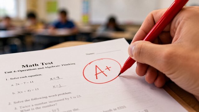 Close-up of a teacher's hand holding a red pen grading an exam paper with a perfect A plus score