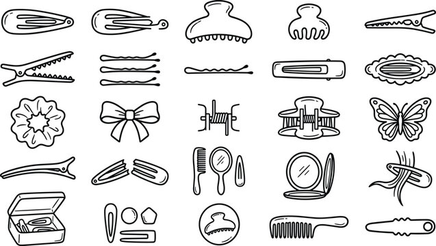 Hair Clips Accessories Outline Icons Set Featuring Hand Drawn Claw Clip Bobby Pin Scrunchie and Comb Graphics for Beauty Salon Fashion Vector Illustration