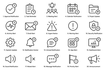 Fototapeta premium Notification icons set, line art style, illustration