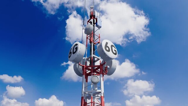 3d rendered animation of a telecommunications tower for next-generation 6G high-speed wireless connectivity.