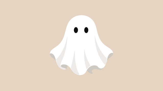 Cute white ghost character with tiny black eyes on beige background, ghost, halloween, white, cute, spooky, character, sheet, eyes