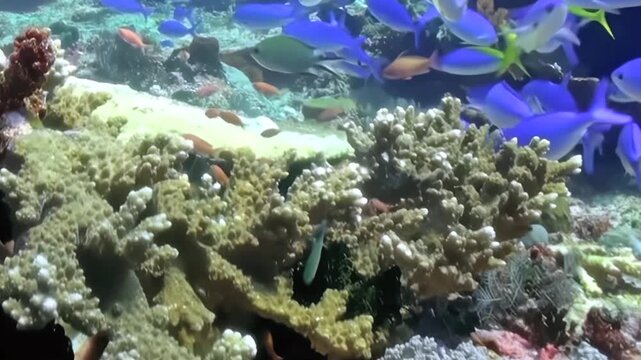 Luminous blue fish gracefully navigate a bustling coral ecosystem. A tranquil marine haven, teeming with diverse aquatic life, thrives under the gentle daylight.