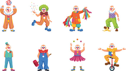 Funny Circus Clown Character Vector Set with Unicycle Juggling Balls Confetti Giant Mallet Banana Peel Slip and Colorful Carnival Costume Illustrations © Lal