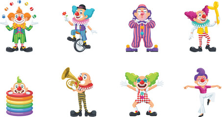 Funny Circus Clown Cartoon Character Vector Set with Juggling Unicycle Balloon Animal Trumpet and Various Entertainment Poses for Birthday Party Designs © Lal