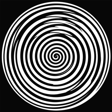 Black and white hypnotic spiral creating an optical illusion with concentric circles, swirling vortex design representing vertigo, mind control, and abstract motion