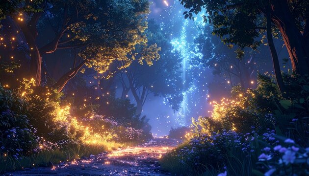 Forest path leads to glowing light portal, surrounded by luminous flora and trees