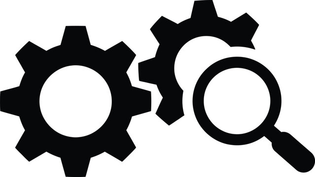 Black silhouette gear icons with magnifying glass for business and website design