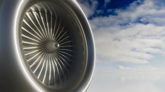 3d rendered animation of an up close view of the input fan on a turbine jet engine.  Video continuously loops.
